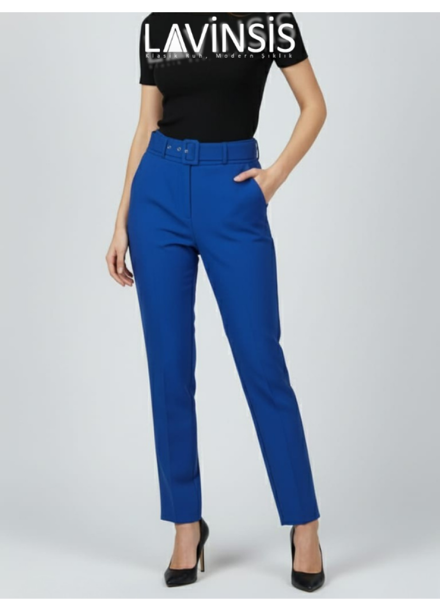 Dar Paça Yüksek Bel Pantolon Kemerli Kaliteli Kumaş Pantolon | Saks |