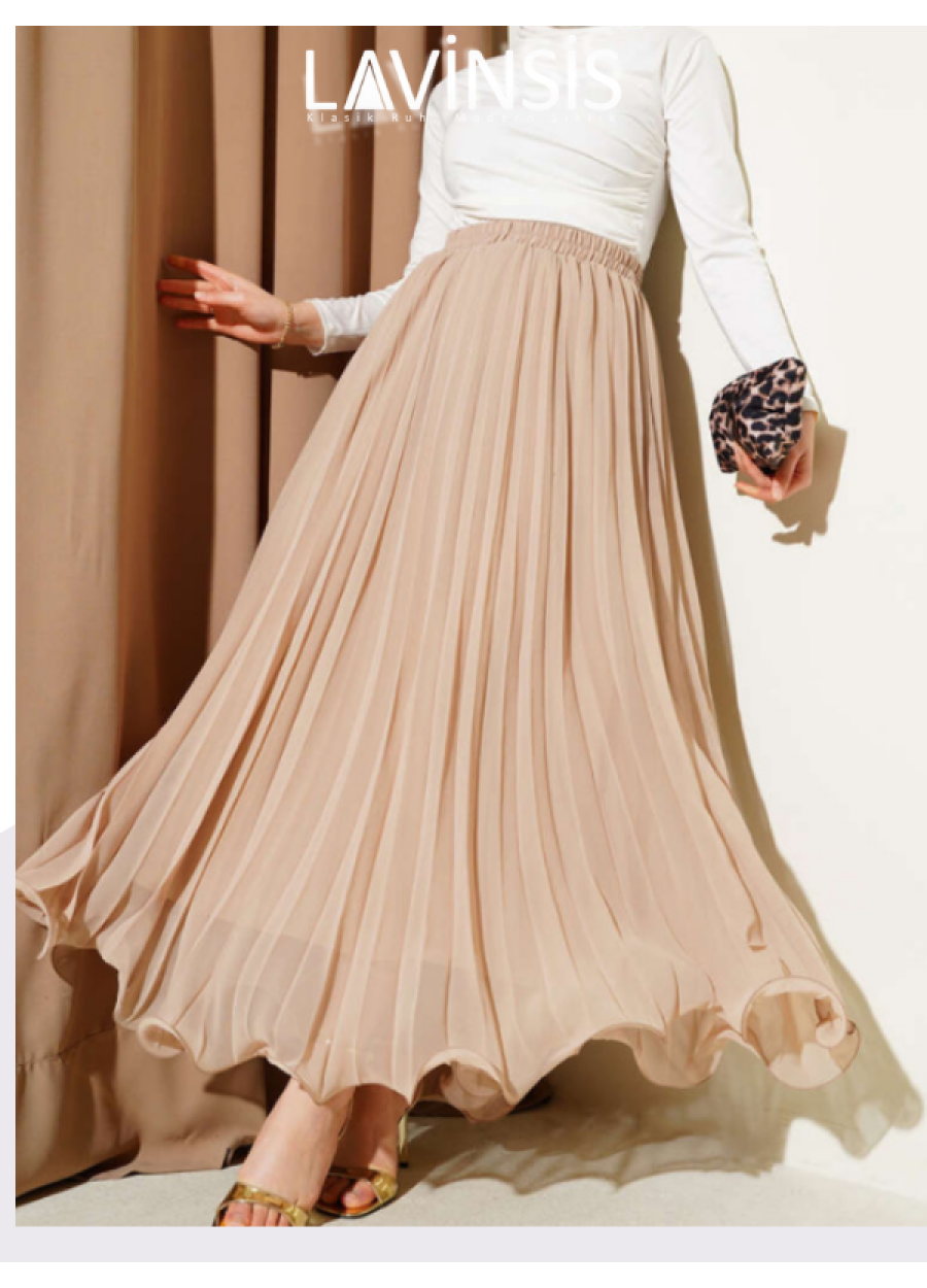 Beli Lastikli Altı Volanlı Piliseli Etek Üzeri Tüllü | Bej |