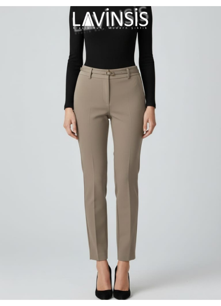 Dar Paça Yüksek Bel Pantolon Kemerli Kaliteli Kumaş Pantolon | Açık Vizon |