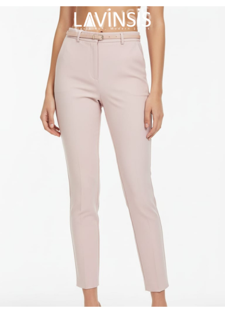 Dar Paça Yüksek Bel Pantolon Kemerli Kaliteli Kumaş Pantolon | Pembe |