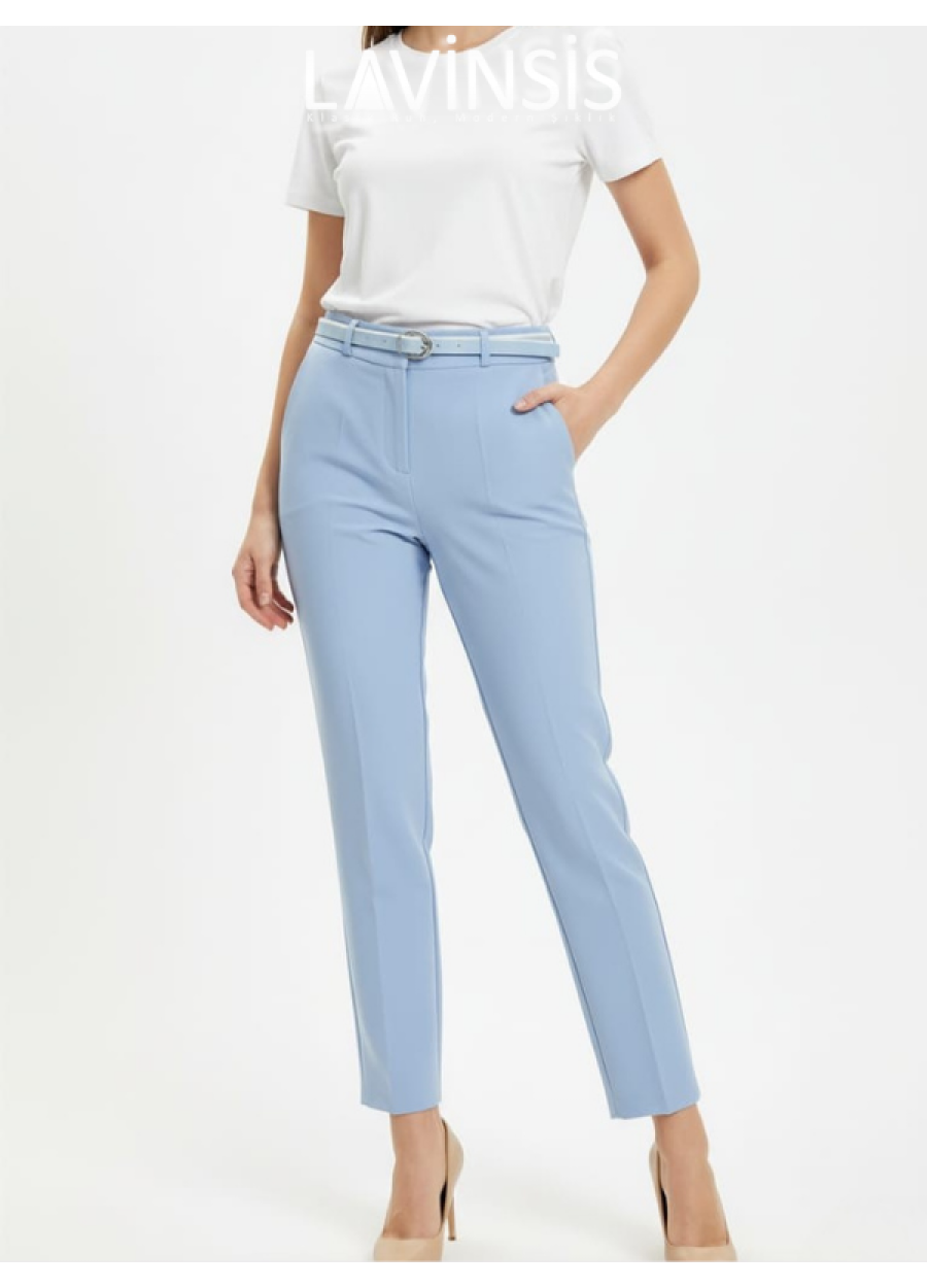 Dar Paça Yüksek Bel Pantolon Kemerli Kaliteli Kumaş Pantolon | Bebe Mavisi |