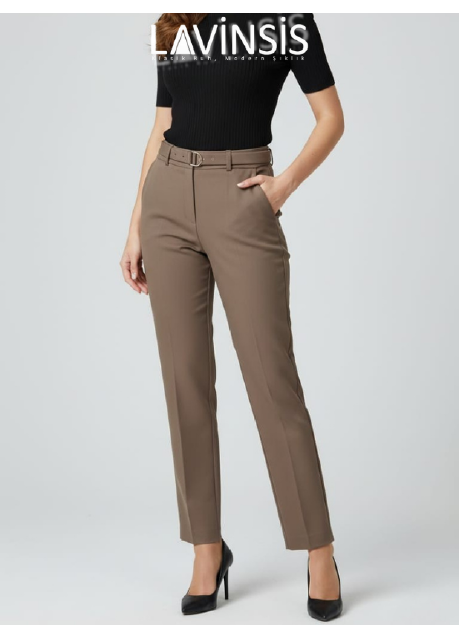 Dar Paça Yüksek Bel Pantolon Kemerli Kaliteli Kumaş Pantolon | Vizon |