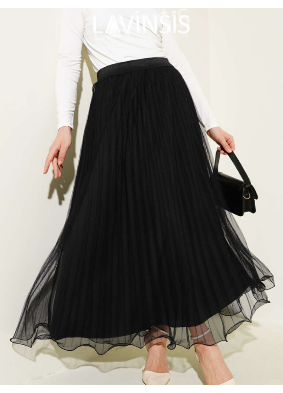 Beli Lastikli Altı Volanlı Piliseli Etek Üzeri Tüllü | siyah |