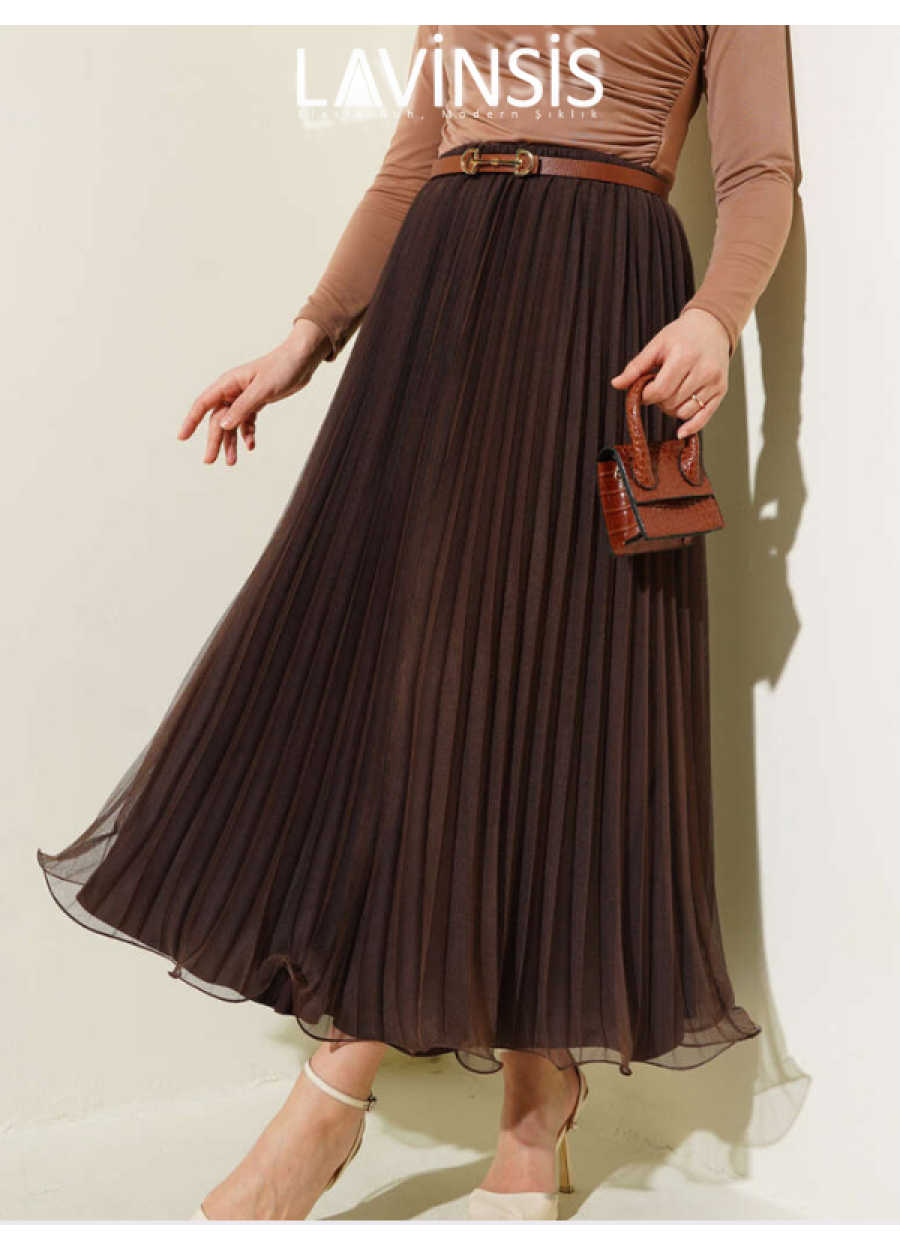 Beli Lastikli Altı Volanlı Piliseli Etek Üzeri Tüllü | Kahve |