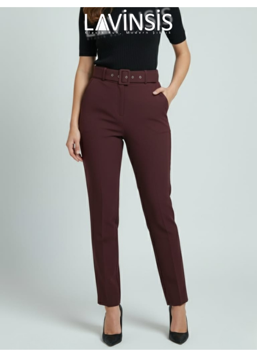 Dar Paça Yüksek Bel Pantolon Kemerli Kaliteli Kumaş Pantolon | Bordo |