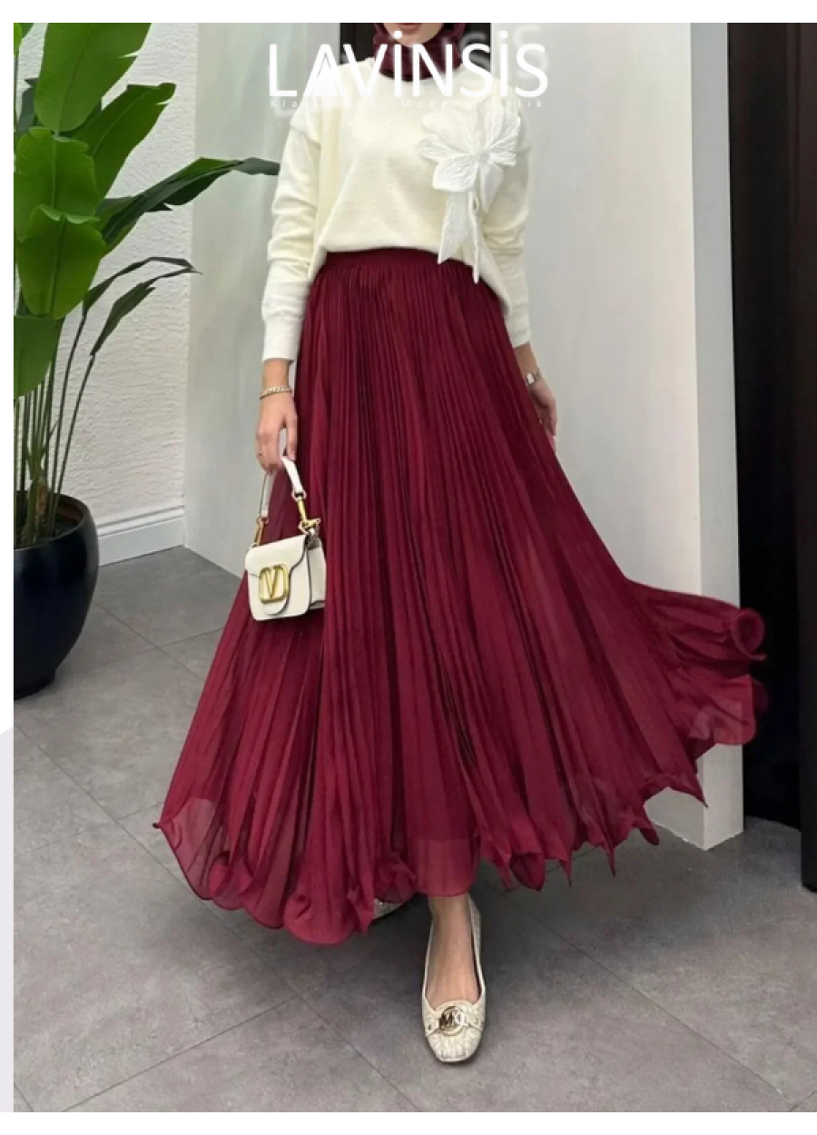 Beli Lastikli Altı Volanlı Piliseli Etek Üzeri Tüllü | Bordo |