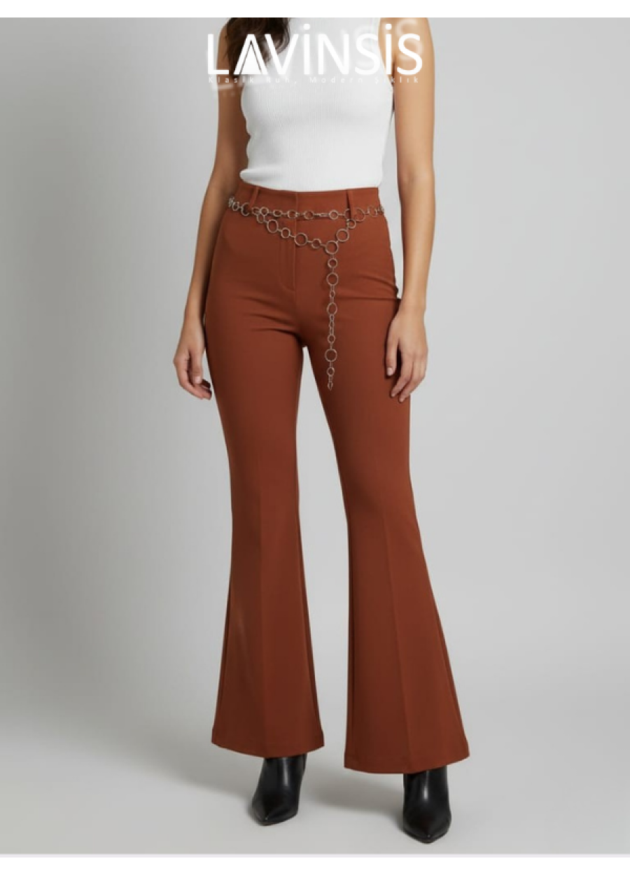 Yüksek Bel İspanyol Paça Kadın Pantolon Kemerli | Kiremit | 