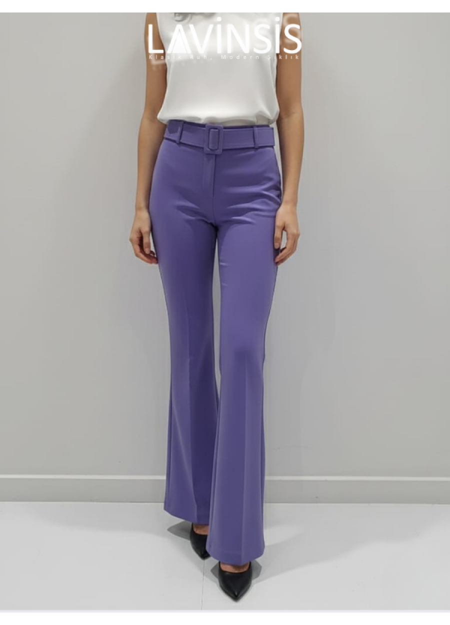 Yüksek Bel İspanyol Paça Kadın Pantolon Kemerli | Lila | 