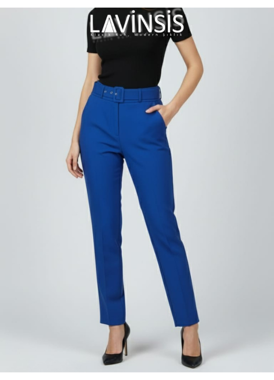 Dar Paça Yüksek Bel Pantolon Kemerli Kaliteli Kumaş Pantolon | Saks |