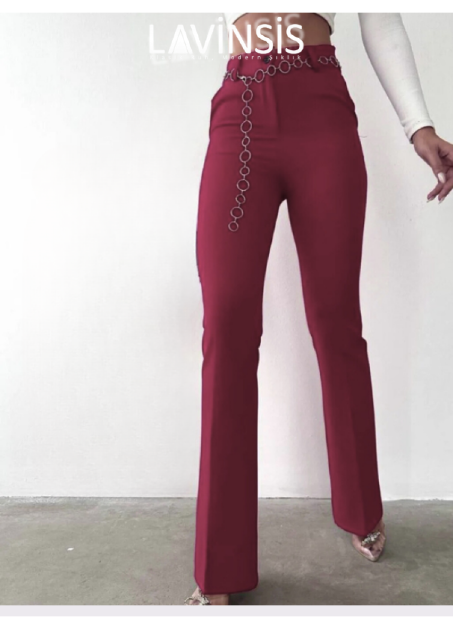 Yüksek Bel İspanyol Paça Kadın Pantolon Kemerli | Nar Çiçeği | 