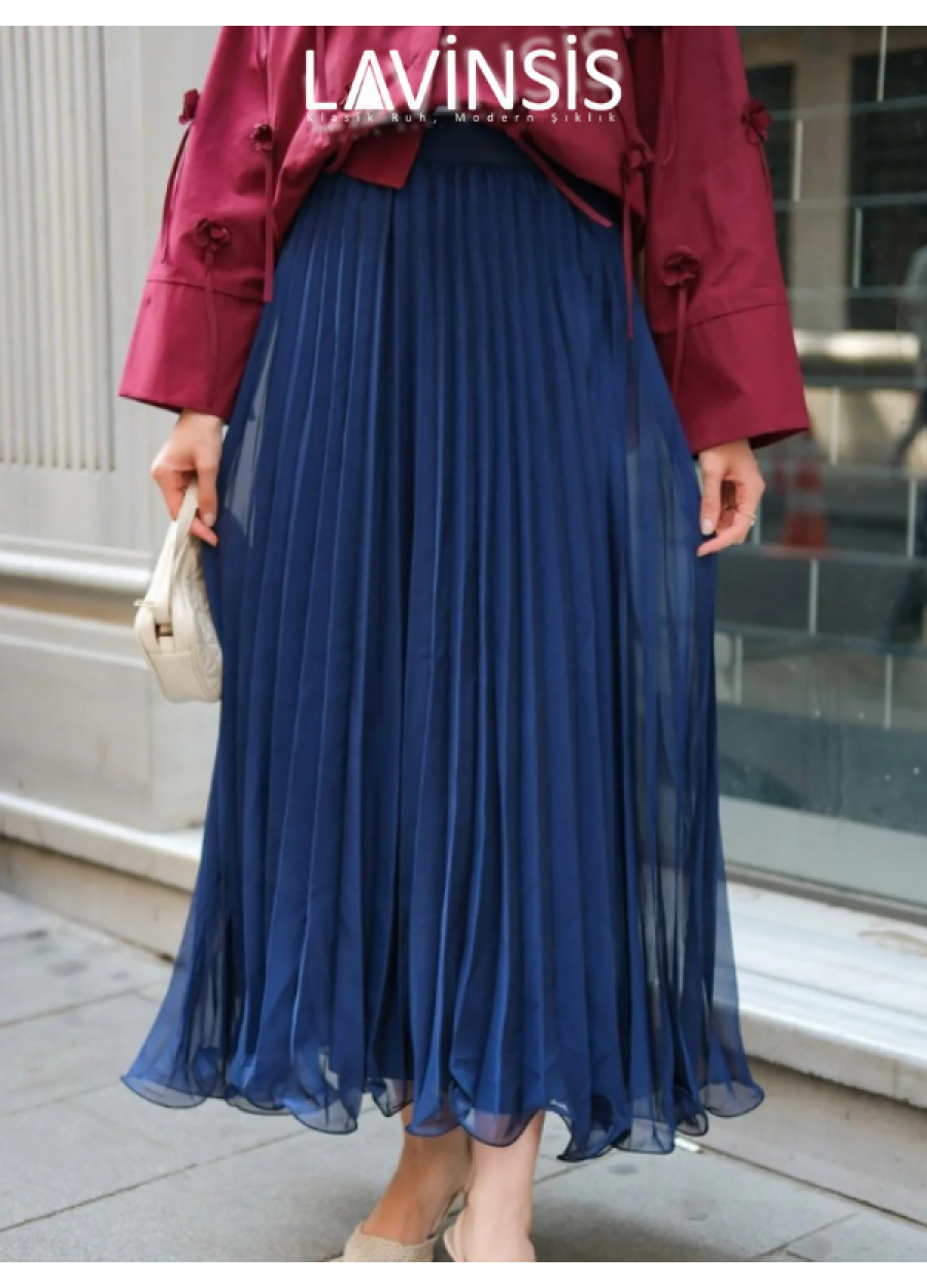 Beli Lastikli Altı Volanlı Piliseli Etek Üzeri Tüllü | Lacivert |