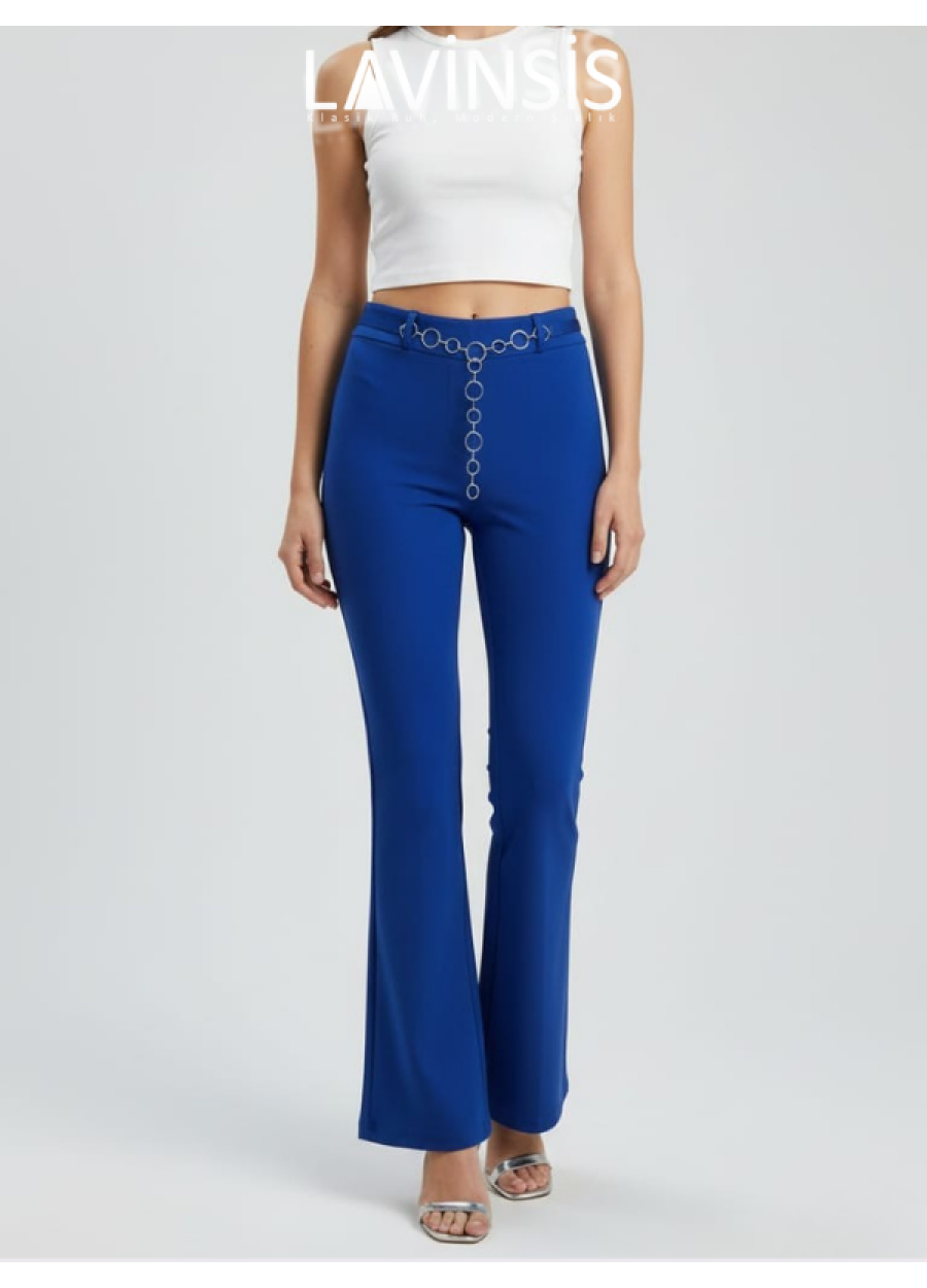 Yüksek Bel İspanyol Paça Kadın Pantolon Kemerli | Saks | 