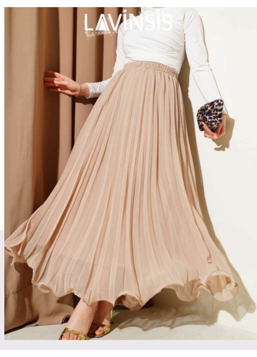 Beli Lastikli Altı Volanlı Piliseli Etek Üzeri Tüllü | Bej |