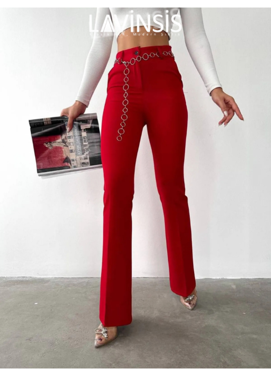 Yüksek Bel İspanyol Paça Kadın Pantolon Kemerli | Kırmızı |