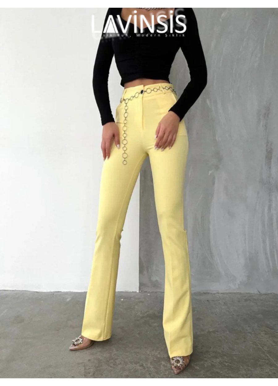 Yüksek Bel İspanyol Paça Kadın Pantolon Kemerli | Sarı |