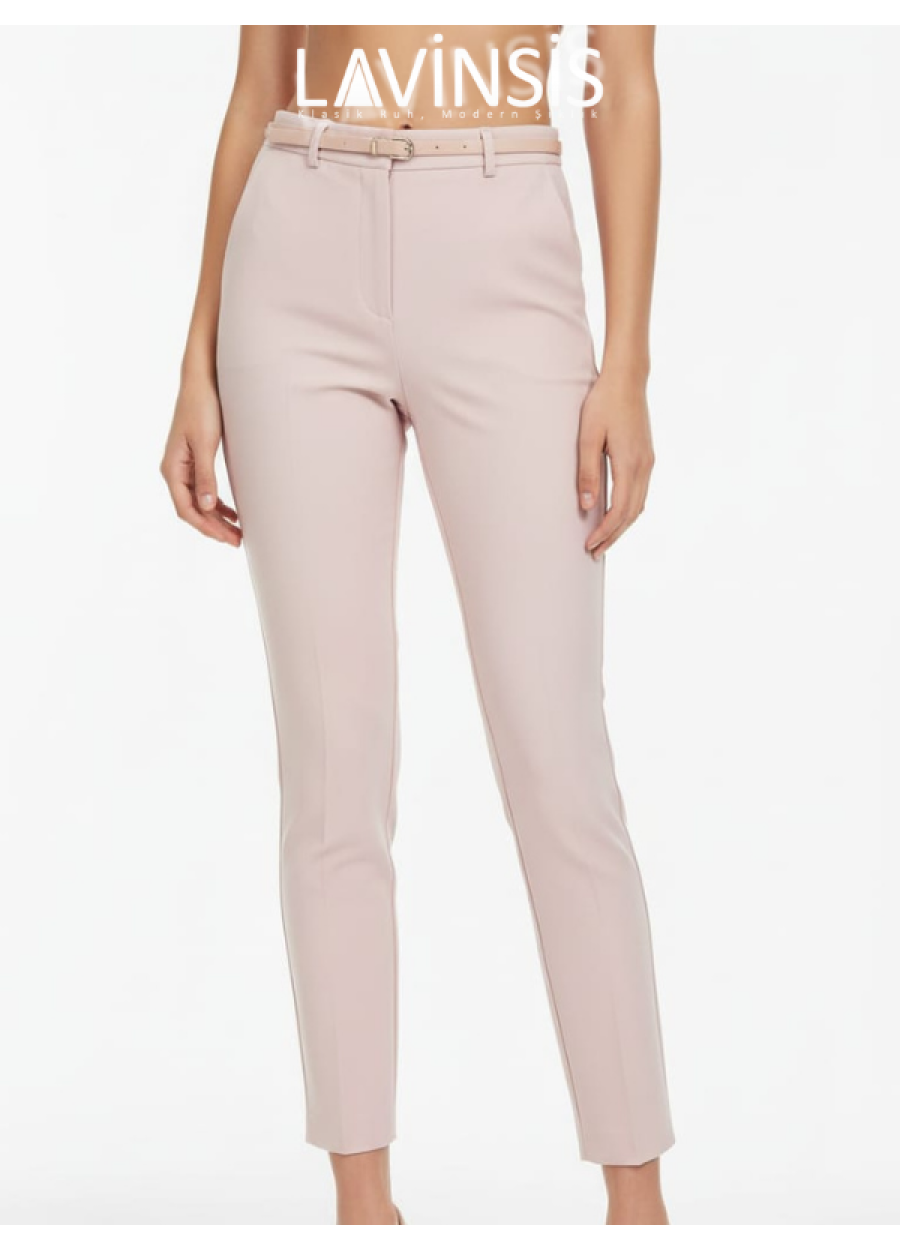 Dar Paça Yüksek Bel Pantolon Kemerli Kaliteli Kumaş Pantolon | Pembe |