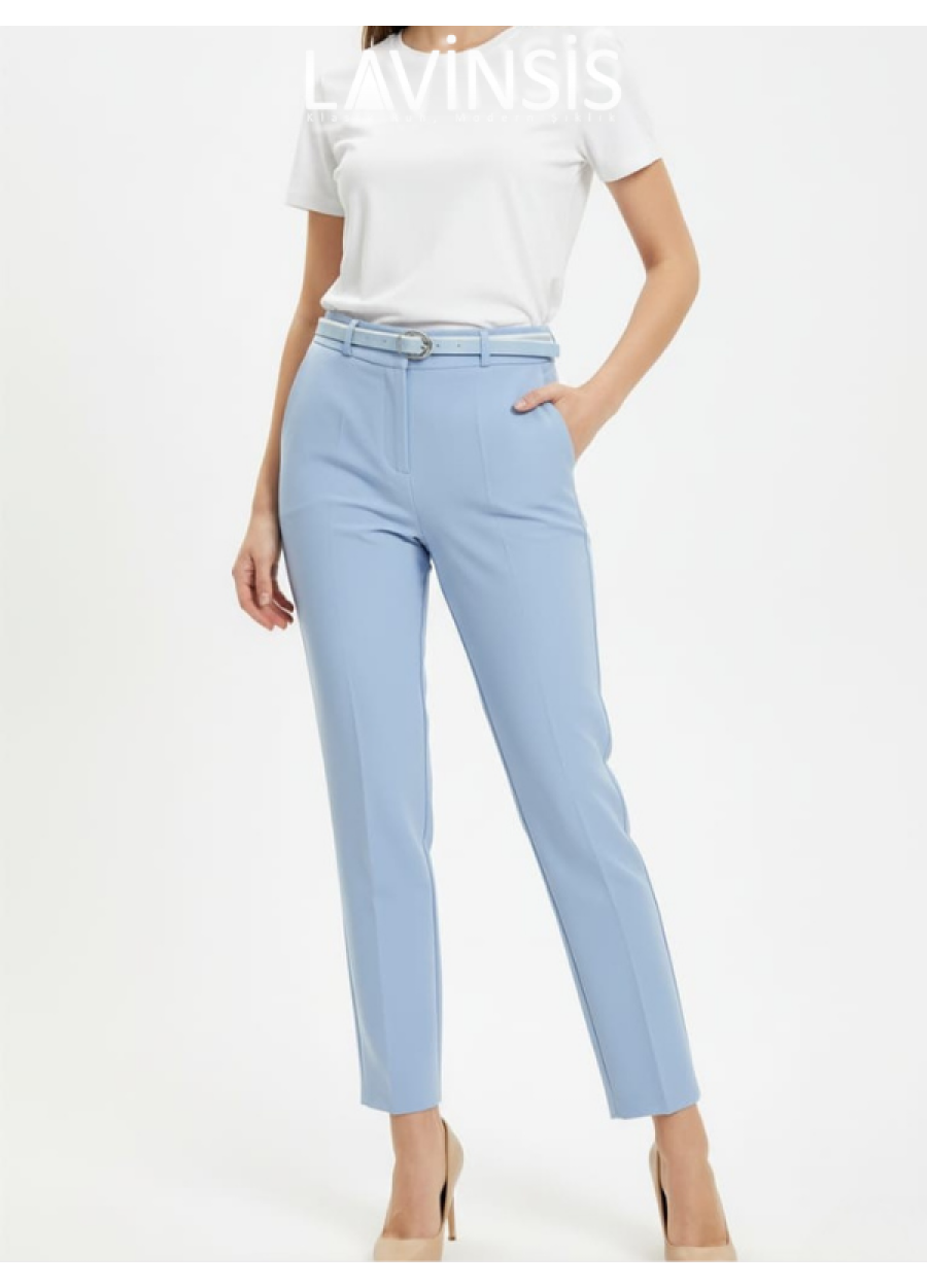 Dar Paça Yüksek Bel Pantolon Kemerli Kaliteli Kumaş Pantolon | Bebe Mavisi |