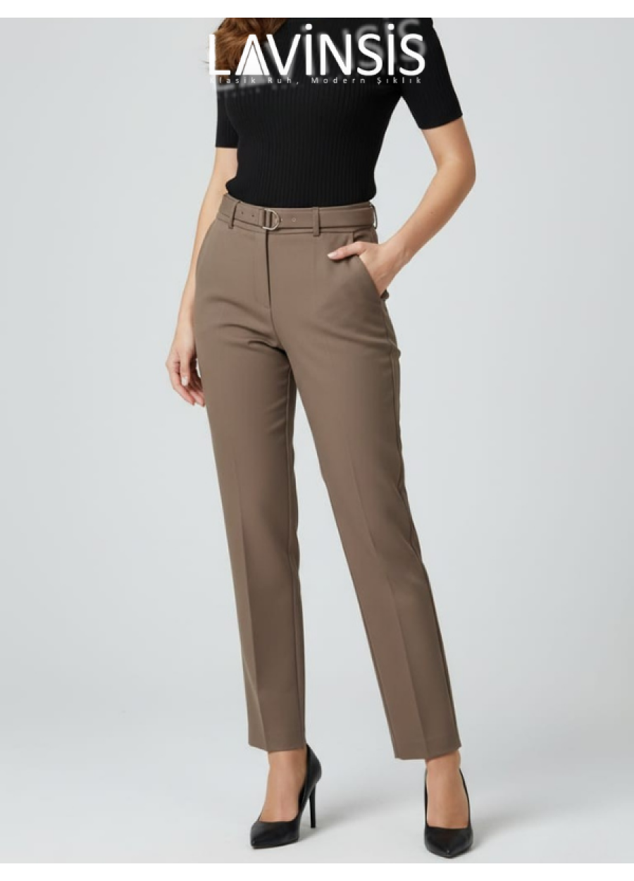 Dar Paça Yüksek Bel Pantolon Kemerli Kaliteli Kumaş Pantolon | Vizon |