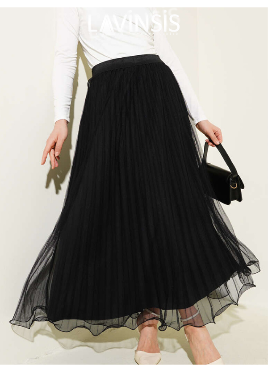 Beli Lastikli Altı Volanlı Piliseli Etek Üzeri Tüllü | siyah |