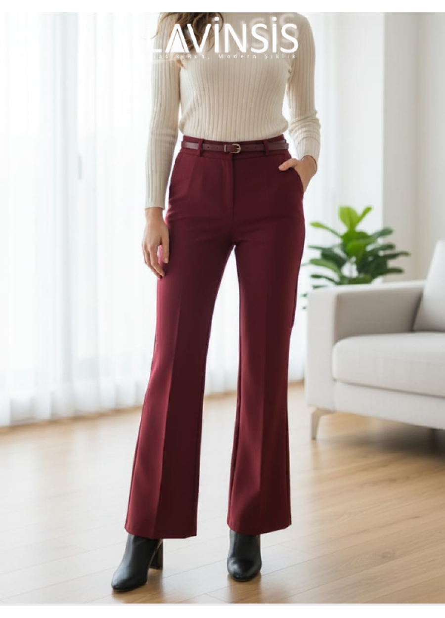 Yüksek Bel İspanyol Paça Kadın Pantolon Kemerli | Bordo | 