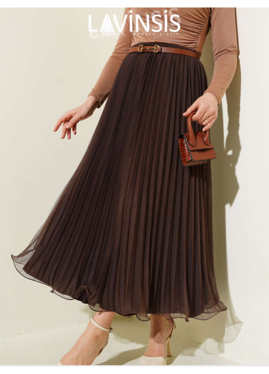 Beli Lastikli Altı Volanlı Piliseli Etek Üzeri Tüllü | Kahve |