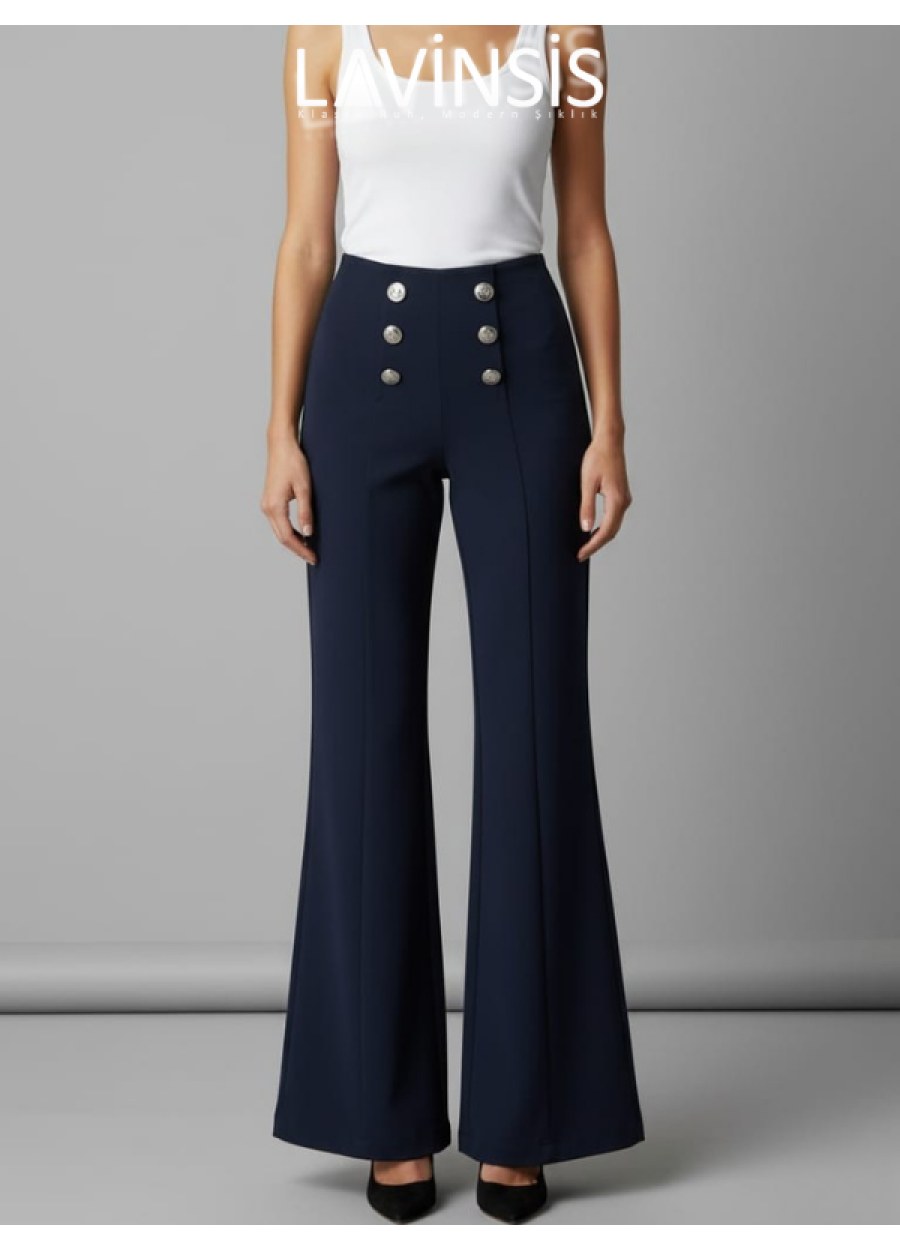 Yüksek Bel Özel Seri İspanyol Paça Kadın Pantolon Denizci Model Düğmeli | Koyu Lacivert | 