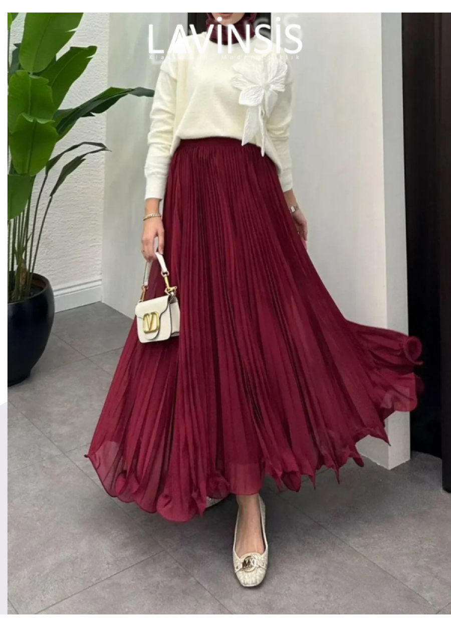 Beli Lastikli Altı Volanlı Piliseli Etek Üzeri Tüllü | Bordo |