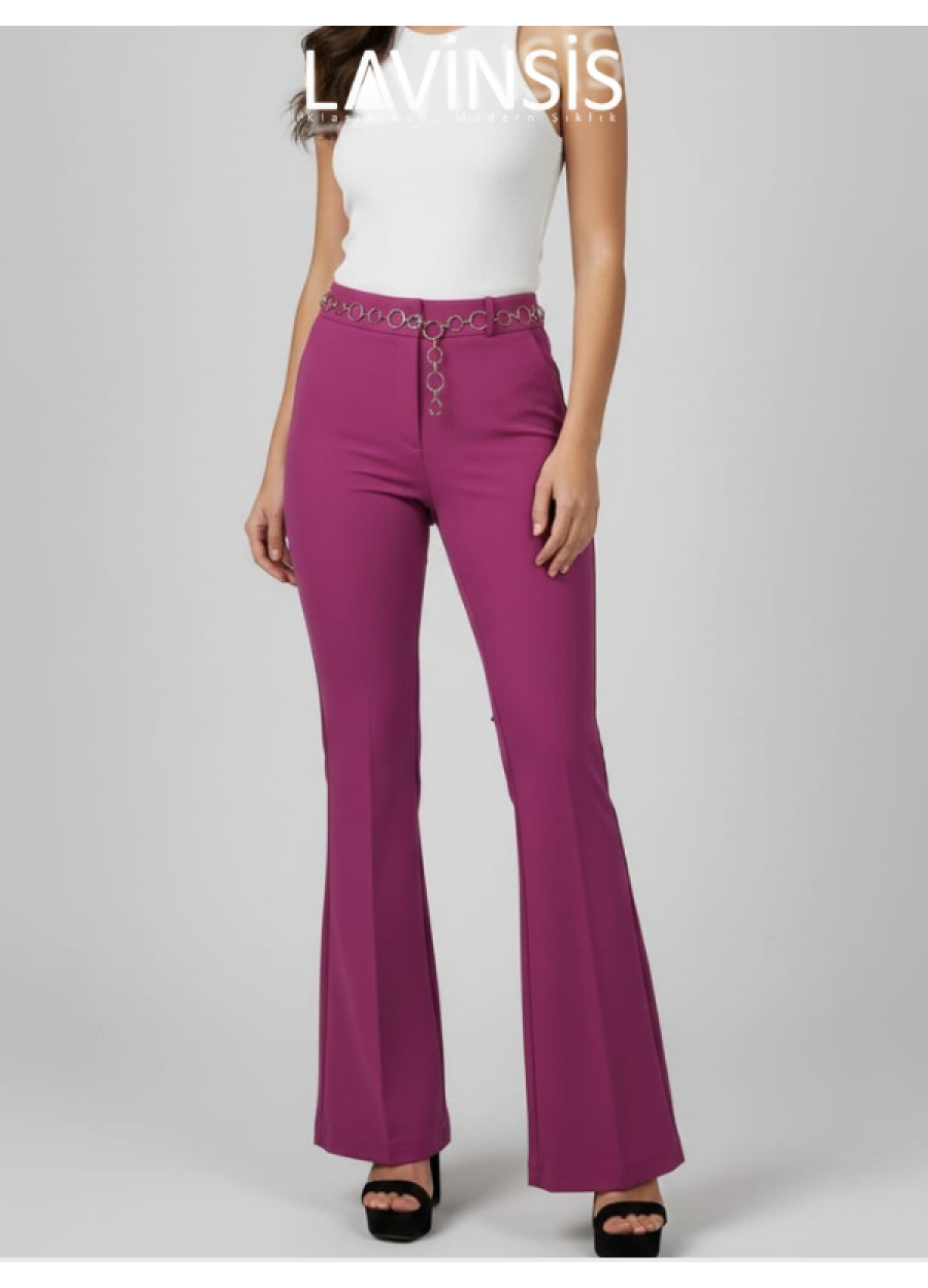 Yüksek Bel İspanyol Paça Kadın Pantolon Kemerli | Koyu Fuşya | 
